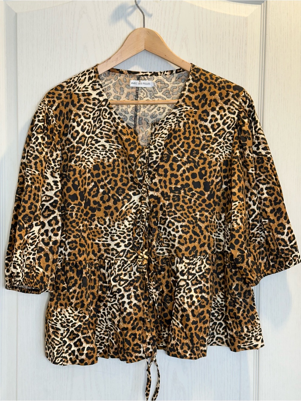 Avec Les Filles Leopard Cotton Poplin Tie Front Puff Sleeve Top XL